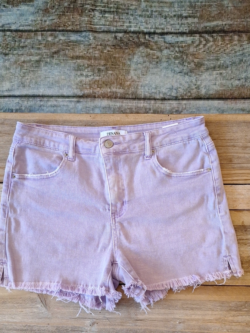 Zenana Outfitters Pastel Lilac Frayed Hem Denim Shorts. Medium